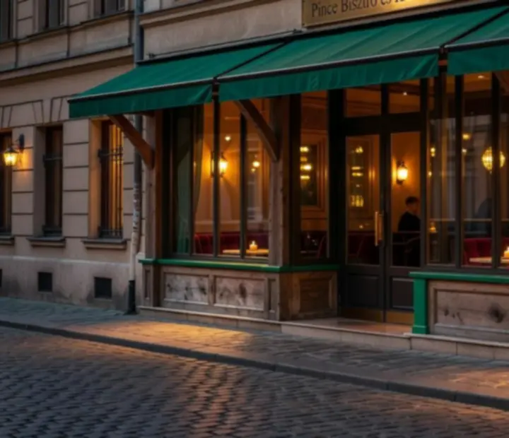 Estei hangulatú budapesti bisztró külső homlokzata emerald fényekkel