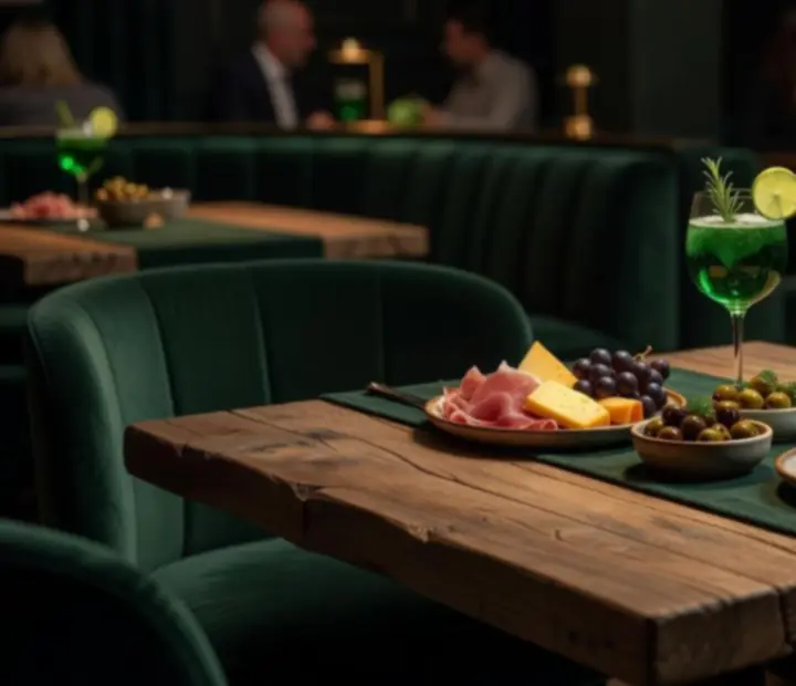 Gourmet bistro falatok és craft koktélok tálalva egy hangulatos bárpulton.