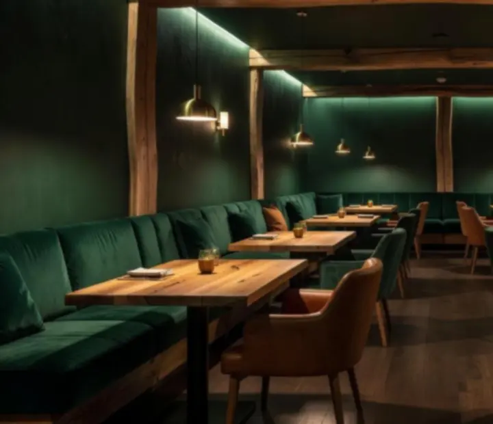 Smaragdzöld fényben úszó bistro enteriőr, fa asztalokkal és hangulatos bárpulttal